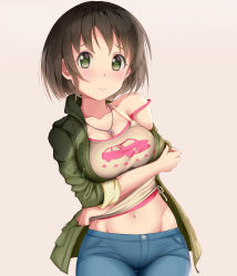 Rule 34 | 10s, 1girl, bad id, bad nicoseiga id, black hair, blush, breasts, commentary request, crossed arms, fay (fay axl), green eyes, green jacket, groin, harada miyo, idolmaster, idolmaster cinderella girls, jacket, jewelry, large breasts, long sleeves, looking at viewer, navel, necklace, open clothes, shirt, short hair, sleeves pushed up, solo