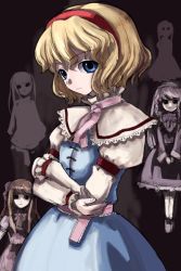 Rule 34 | 1girl, alice margatroid, arm garter, blonde hair, blue eyes, capelet, crossed arms, doll, female focus, frills, headband, hirosato, looking at viewer, puppet, ribbon, short hair, silhouette, solo, touhou