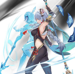 Rule 34 | 1girl, absurdres, arm up, armor, armpits, blue eyes, blue gemstone, breasts, bridal gauntlets, brown gloves, clothing cutout, covered erect nipples, elbow gloves, gem, genshin impact, gloves, gold trim, grey hair, hair ornament, hair ribbon, highres, holding, holding polearm, holding weapon, lan xiezi, light blue eyes, long hair, navel, ofuda, ofuda on head, parted lips, pink lips, polearm, ponytail, red ribbon, ribbon, shenhe (genshin impact), smile, spear, spirit, talisman, tassel, thighs, weapon