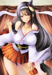 Rule 34 | 1girl, bare shoulders, black hair, breasts, cleavage, cowboy shot, detached sleeves, fusou (kancolle), hair ornament, hairband, kantai collection, large breasts, long hair, maki (seventh heaven maxion), nontraditional miko, pleated skirt, red eyes, red skirt, skirt, solo, thighs, white hairband