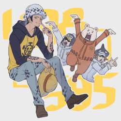 Rule 34 | animal, arm tattoo, bear, bepo, denim, earrings, facial hair, fur hat, hat, holding, holding clothes, holding hat, hood, hoodie, jeans, jewelry, male focus, middle finger, multiple boys, one piece, open mouth, overalls, pants, penguin (one piece), polar bear, shachi (one piece), simple background, sitting, sleeves rolled up, smirk, solo focus, straw hat, tattoo, trafalgar law, yellow eyes, yurichi (artist)