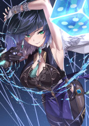 Rule 34 | 1girl, arm up, armpits, asymmetrical gloves, bare shoulders, black gloves, blue background, blue hair, blunt bangs, breasts, brooch, cleavage, commentary, cowboy shot, dice, genshin impact, gloves, green eyes, highres, jewelry, kumamiya, large breasts, looking at viewer, mismatched gloves, mole, mole on breast, short hair, sleeveless, smile, solo, standing, thighs, white gloves, yelan (genshin impact)