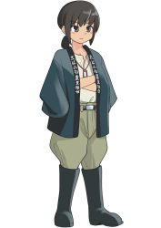 Rule 34 | 1girl, absurdres, black eyes, black footwear, black hair, boots, clothes on shoulders, commentary request, dog tags, fubuki (kancolle), full body, grey pants, haida katsuretsu, hanten (clothes), highres, kantai collection, long hair, loose pants, low ponytail, pants, ponytail, rubber boots, shirt, short ponytail, sidelocks, simple background, solo, standing, white background, white shirt