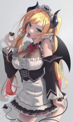 Rule 34 | 1girl, absurdres, apron, aqua eyes, black dress, blonde hair, breasts, candy, chocolate, chocolate heart, cleavage, clenched hand, demon girl, demon horns, demon tail, dress, fishnet top, fishnets, food, frilled dress, frills, grey background, head tilt, heart, highres, holding, holding chocolate, holding food, hololive, horns, long hair, looking at viewer, maid, maid apron, maid headdress, mechjunk, open mouth, pink hair, pointy ears, see-through, see-through cleavage, solo, tail, thighhighs, tongue, tongue out, twintails, virtual youtuber, yuzuki choco, yuzuki choco (maid)
