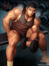 Rule 34 | 1boy, absurdres, bara, black hair, black shorts, black tank top, dumbbell, exercising, highres, holding, holding dumbbell, large pectorals, male focus, muscular, muscular male, open mouth, original, pectorals, powerlesssong, short hair, shorts, sitting, solo, tank top, weibo watermark, weightlifting