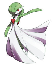 Rule 34 | 1girl, arm up, armpits, creatures (company), female focus, full body, game freak, gardevoir, gen 3 pokemon, good frog, green hair, hair over one eye, legs apart, looking to the side, nintendo, no humans, pokemon, pokemon (creature), pokemon rse, red eyes, short hair, simple background, smile, solo, standing, white background