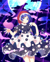 Rule 34 | 1girl, abusoru, blue eyes, blue hair, book, doremy sweet, dress, frilled dress, frills, gradient background, hand up, hat, holding, holding book, looking away, matching hair/eyes, nightcap, open hand, open mouth, pom pom (clothes), solo, tail, tapir tail, touhou