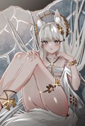 Rule 34 | 1girl, against wall, animal ear fluff, animal ears, arknights, bad id, bad pixiv id, bare shoulders, bikini, blush, bracelet, breasts, broken wall, brown eyes, covering privates, covering crotch, feet out of frame, hand on own knee, horse ears, horse girl, horse tail, jewelry, laurel crown, legs up, long hair, looking at viewer, lying, official alternate costume, on back, on floor, parted lips, platinum (arknights), platinum (shimmering dew) (arknights), ryoma (rym 369), silver hair, small breasts, solo, stone wall, swimsuit, tail, thighlet, thighs, underboob, very long hair, wall, white bikini