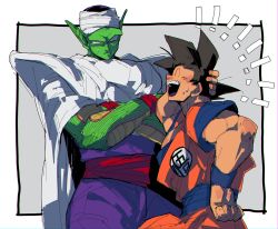 Rule 34 | !, 2boys, bad id, bad pixiv id, black hair, cape, closed eyes, crossed arms, dougi, dragon ball, dragonball z, fingernails, frown, grey background, hand in own hair, hand on own hip, height difference, kokusoji, looking at another, male focus, multiple boys, open mouth, piccolo, pointy ears, serious, shaded face, short hair, simple background, smile, son goku, spiked hair, sweatdrop, turban, upper body, white background, wristband