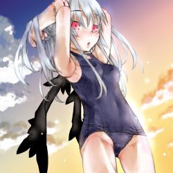 Rule 34 | 00s, 1girl, :o, armpits, arms up, cloud, doll joints, hand in own hair, highres, joints, kakashichi, long hair, looking at viewer, one-piece swimsuit, open mouth, outdoors, pink eyes, rozen maiden, school swimsuit, silver hair, sky, solo, standing, suigintou, sunset, swimsuit, thigh gap, wings