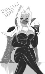 Rule 34 | 1girl, absurdres, alcohol, animal ears, armor, boots, breasts, bustier, cape, cleavage, cup, drinking glass, fox ears, freyja (mahou no juujin foxy rena), furry, furry female, glasses, greyscale, highleg, highleg panties, highres, large breasts, crossed legs, long hair, mahou no juujin foxy rena, monochrome, panties, pauldrons, pince-nez, semi-rimless eyewear, shoulder armor, sitting, snout, solo, thigh boots, thighhighs, under-rim eyewear, underwear, wine, wine glass, xo-pachi