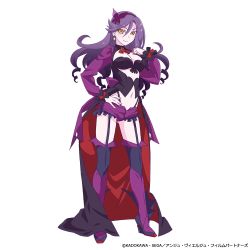 Rule 34 | 10s, 1girl, almaria, ange vierge, boots, breasts, cape, cleavage, copyright name, drill hair, earrings, frills, full body, garter straps, hand on own hip, high heels, jewelry, long hair, long sleeves, looking at viewer, navel, official art, purple hair, short shorts, shorts, simple background, smile, solo