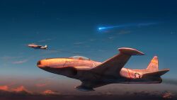 Rule 34 | aircraft, airplane, aoi waffle, canopy (aircraft), cloud, dated, fighter jet, flying, highres, jet, military, military vehicle, name connection, no humans, object namesake, p-80 shooting star, shooting star, signature, sky, sunset, vehicle focus, war thunder