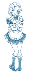 Rule 34 | 1girl, alternate costume, apron, bbb (friskuser), blue theme, bow, bowtie, braid, collared dress, commentary request, dress, enmaided, frilled apron, frilled dress, frilled socks, frills, full body, girls und panzer, highres, holding, holding tray, kneehighs, lace-trimmed sleeves, lace trim, looking at viewer, maid, maid apron, maid headdress, mary janes, md5 mismatch, monochrome, open mouth, orange pekoe (girls und panzer), parted bangs, puffy short sleeves, puffy sleeves, resolution mismatch, shoes, short hair, short sleeves, smile, socks, solo, source larger, standing, tray, twin braids, wing collar