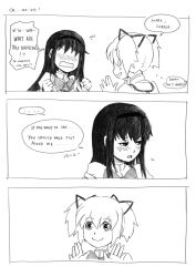 Rule 34 | 10s, 2girls, 3koma, akemi homura, black hair, blush, bow, clenched hands, comic, english text, female pervert, flying sweatdrops, greyscale, hair ribbon, hairband, kaname madoka, left-to-right manga, long hair, looking at another, looking away, mahou shoujo madoka magica, mahou shoujo madoka magica (anime), monochrome, multiple girls, open mouth, pervert, ribbon, school uniform, short hair, short twintails, silverxp, simple background, smile, twintails, wavy mouth, white background, yuri