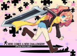 Rule 34 | &gt;:d, + +, 1girl, :d, blue eyes, boots, brown footwear, denim, denim shorts, english text, fang, full body, gradient background, highres, holding, holding sword, holding weapon, hoppege, huge weapon, jacket, leaning forward, long hair, no socks, open mouth, orange hair, original, outstretched arms, pink background, puzzle piece, running, scarf, short shorts, shorts, smile, solo, sword, track jacket, two side up, v-shaped eyebrows, weapon, yellow scarf