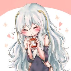 Rule 34 | 1girl, bad id, bad pixiv id, blood, blood bag, blush, closed eyes, drinking straw, girls&#039; frontline, highres, honyang, juice, korean commentary, korean text, ribeyrolles (girls&#039; frontline), smile, solo, tomato, tomato juice, translated, white hair