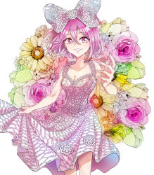 Rule 34 | 1girl, bow, breasts, cleavage, dress, floral background, hair between eyes, hair bow, highres, j0h (j000h3), looking at viewer, medium breasts, pink eyes, pink hair, pppppp, simple background, skirt hold, smile, solo, white background, white bow, white dress, yamanaka meloli