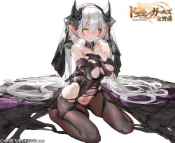 Rule 34 | 1girl, absurdres, bare shoulders, black gloves, breasts, brown pantyhose, closed mouth, clothing cutout, copyright name, demon horns, detached collar, full body, gloves, grey hair, hair between eyes, hand on own chest, highres, horns, large breasts, long hair, looking at viewer, navel, no shoes, official art, outstretched arm, pantyhose, pointy ears, pubic tattoo, simple background, sitting, skindentation, smile, solo, stomach cutout, tattoo, the symphony of dragon and girls, twintails, veil, very long hair, wariza, white background, xiaoluo xl, yellow eyes