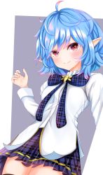 Rule 34 | 1girl, absurdres, blue hair, blush, bow, highres, humanization, hureemu, indie virtual youtuber, leaflit mitsuha, looking at viewer, open hand, plaid, plaid bow, plaid skirt, pointy ears, red eyes, selfie, shirt, short hair, skirt, smile, solo, virtual youtuber, white shirt