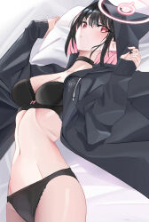 Rule 34 | 1girl, absurdres, animal ears, bed sheet, black hair, blue archive, breasts, cat ears, choker, commentary, connyalow, groin, halo, highres, hood, hoodie, kazusa (blue archive), linea alba, lingerie, looking at viewer, lying, medium breasts, short hair, sweater, underwear