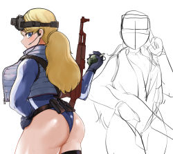 Rule 34 | 1girl, absurdres, alternate costume, alternate hairstyle, ass, assault rifle, belt, belt pouch, black gloves, blonde hair, blue eyes, blue leotard, breasts, explosive, gloves, goggles, goggles on head, grenade, grey vest, gun, hand on own hip, headset, highres, holster, knbd, kolin, large breasts, leotard, long sleeves, looking back, pouch, rifle, sketch, skin tight, solo, standing, street fighter, street fighter v, sweat, thick thighs, thigh holster, thighs, unfinished, vest, watch, weapon, wide hips, wristwatch