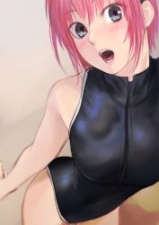 Rule 34 | 1girl, bare arms, bare shoulders, black one-piece swimsuit, blush, breasts, competition swimsuit, cowboy shot, front zipper swimsuit, grey eyes, highres, kilye kairi, large breasts, looking at viewer, meme attire, one-piece swimsuit, open mouth, original, pink hair, short hair, solo, swimsuit