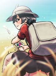 Rule 34 | 1girl, ass, black eyes, black hair, black legwear, blush, clothed female nude male, cum, ejaculation, from behind, grass, handjob, hat, hat feather, highres, kaban (kemono friends), kemono friends, loafers, looking back, nude, outdoors, red shirt, savannah, shirt, shoes, short hair, sitting, sitting on face, sitting on person, smile, tkhs
