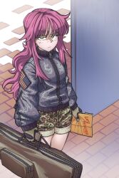 Rule 34 | 1girl, american flag, bag, blush, border, brick floor, camouflage, camouflage shorts, closed mouth, doorway, eyebrows hidden by hair, fading border, fritzumi, full-length zipper, glaring, gloves, green eyes, green gloves, grey jacket, grey sweater, hair over shoulder, highres, holding, holding bag, holding letter, jacket, letter, long hair, looking at viewer, messy hair, military, military jacket, original, outdoors, patch, pink hair, shorts, shoulder patch, solo, sweater, thighs, very long hair, weapon case, white background, woodland camouflage, wool, zipper, zipper pull tab