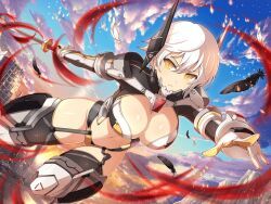 Rule 34 | 1girl, black feathers, black garter straps, blue sky, breasts, building, city, cityscape, cleavage, closed mouth, cloud, cloudy sky, cyborg, day, debris, dusk, energy, evening, feathers, fire, frown, garter straps, gloves, gradient sky, groin, holding, holding sword, holding weapon, katana, large breasts, leg armor, linea alba, looking at viewer, mechanical parts, miyabi (senran kagura), mountain, navel, official alternate costume, official art, orange sky, outdoors, post-apocalypse, revealing clothes, ruins, senran kagura, senran kagura new link, senran kagura shinovi versus, shiny skin, short hair, sky, skyscraper, slit pupils, solo, sparks, sun, sunset, sword, thighhighs, tsuba (guard), tsuka-ito, tsuka (handle), unsheathed, weapon, white feathers, white gloves, white hair, window, yaegashi nan, yellow eyes, yellow sky