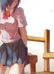 Rule 34 | 10s, 1girl, arms behind back, blue eyes, blue hair, blue skirt, bow, collared shirt, fuurin, hair over one eye, kirishima touka, long hair, matching hair/eyes, pleated skirt, red bow, shirt, short sleeves, simple background, skirt, solo, tokyo ghoul, white background, white shirt