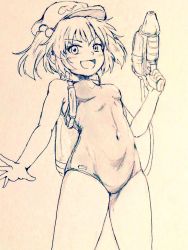Rule 34 | 1girl, alternate costume, bare legs, breasts, commentary request, covered navel, cowboy shot, d-m (dii emu), eyelashes, flat cap, greyscale, hair bobbles, hair ornament, hat, kappa, kawashiro nitori, looking at viewer, monochrome, one-piece swimsuit, open mouth, short hair, short twintails, small breasts, swimsuit, touhou, twintails, two side up, water gun