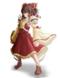 Rule 34 | 1girl, ao usagi, armor, armored dress, bow, brown eyes, brown hair, chinese gundam, cosplay, detached sleeves, female focus, hair bow, hakurei reimu, japanese clothes, long hair, miko, pauldrons, shoulder armor, shoulder pads, solo, spikes, touhou