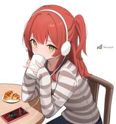 Rule 34 | 1girl, black pants, bocchi the rock!, brown eyes, cellphone, chair, commentary request, covered mouth, croissant, cup, food, hands up, headphones, highres, holding, holding cup, kita ikuyo, long hair, long sleeves, looking at viewer, minusk9, mug, on chair, one side up, pants, phone, red hair, saucer, shirt, signature, simple background, sitting, sleeves past wrists, solo, striped clothes, striped shirt, white background
