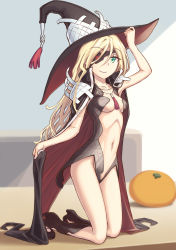 Rule 34 | 1girl, blonde hair, breasts, cape, collarbone, eyebrows, eyepatch, green eyes, groin, hat, highres, jinrai (owl12), long hair, navel, othinus, small breasts, solo, toaru majutsu no index, toaru majutsu no index: new testament, witch hat