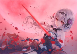 Rule 34 | 1girl, absurdres, bare shoulders, black dress, black footwear, black gloves, boots, closed mouth, diaoling, dress, dual wielding, flower, gloves, hair flower, hair ornament, highres, holding, holding sword, holding weapon, honkai (series), honkai impact 3rd, lips, long hair, looking at viewer, moon, night, night sky, outdoors, petals, red eyes, red flower, red moon, red rose, rose, sky, sleeveless, sleeveless dress, solo, sword, theresa apocalypse, theresa apocalypse (luna kindred), thigh boots, thighhighs, twintails, weapon, white hair