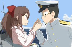 Rule 34 | 10s, 1boy, 1girl, admiral (kancolle), blue sky, bow, brown hair, cigarette, cloud, day, glasses, gloves, hair bow, hair ornament, hairclip, hat, imai tetsuya, kantai collection, lighter, machinery, mamiya (kancolle), military, military uniform, peaked cap, ponytail, sky, uniform, white gloves