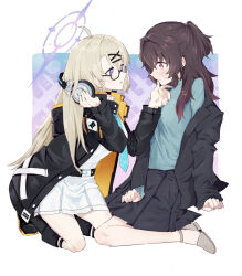 Rule 34 | 2girls, aqua necktie, black coat, black jacket, black skirt, blue archive, blush, braid, brown hair, closed mouth, coat, female sensei (blue archive), finger to another&#039;s mouth, glasses, grey hair, hair ornament, hairclip, halo, headphones, headphones around neck, highres, jacket, kotama (blue archive), long hair, long sleeves, multiple girls, necktie, off shoulder, open clothes, open coat, open jacket, parted lips, purple eyes, red eyes, sensei (blue archive), senta (ysk 0218), side braid, simple background, sitting, skirt, sweat, sweater, white skirt, yuri