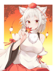 Rule 34 | 1girl, animal ear fluff, animal ears, bare shoulders, blush, border, breasts, commentary request, crossed bangs, detached sleeves, gradient background, hat, holding, holding leaf, inubashiri momiji, large breasts, leaf, leaf background, long sleeves, looking at object, maple leaf, medium hair, o3o, orange background, outside border, pleated skirt, pom pom (clothes), red eyes, red hat, red skirt, rururiaru, shirt, skirt, solo, tail, tassel, tokin hat, touhou, turtleneck, white border, white hair, white shirt, wide sleeves, wolf ears, wolf tail