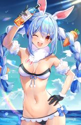 Rule 34 | 1girl, ;d, absurdres, animal ear fluff, animal ears, arm up, bare shoulders, bikini, black gloves, blue hair, blue sky, bottle, braid, breasts, carrot hair ornament, carrot juice, cloud, commentary request, cowboy shot, day, detached sleeves, don-chan (usada pekora), extra ears, food-themed hair ornament, frilled sleeves, frills, gloves, goroo (eneosu), hair ornament, hand on own hip, highres, holding, holding bottle, hololive, juice, long hair, looking at viewer, medium breasts, multicolored hair, navel, ocean, one eye closed, open mouth, puffy short sleeves, puffy sleeves, rabbit ears, red eyes, short sleeves, sky, smile, solo, standing, stomach, strapless, strapless bikini, swimsuit, thick eyebrows, twin braids, twintails, two-tone hair, usada pekora, usada pekora (1st costume), virtual youtuber, wet, white bikini, white hair