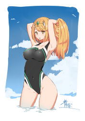 Rule 34 | 1girl, absurdres, alternate costume, aotsuba, black one-piece swimsuit, blonde hair, breasts, chest jewel, competition swimsuit, highleg, highleg swimsuit, highres, large breasts, long hair, mythra (xenoblade), one-piece swimsuit, solo, swept bangs, swimsuit, very long hair, xenoblade chronicles (series), xenoblade chronicles 2, yellow eyes