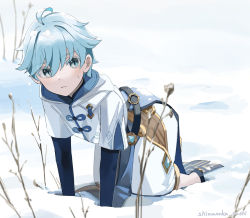 Rule 34 | 1boy, blue eyes, blue hair, chinese clothes, chongyun (genshin impact), commentary request, footprints, genshin impact, hood, long sleeves, looking at viewer, male focus, outdoors, shimanakao (shimanaka sushi), short hair, snow, solo, winter
