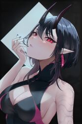 Rule 34 | 1girl, bare shoulders, black hair, black nails, blush, breasts, cleavage, eyeliner, fingernails, highres, horns, long hair, looking at viewer, makeup, medium breasts, oni, oni horns, oni kanzei, original, pointy ears, red eyes, sharp fingernails, solo