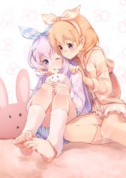 Rule 34 | 2girls, barefoot, blush, casino (casinoep), feet, feet together, highres, hoodie, multiple girls, rabbit, short hair, sitting, striped clothes, striped hoodie, toes