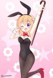 Rule 34 | 1girl, ;d, animal ears, arm up, armpits, black pantyhose, bow, bowtie, breasts, cane, cleavage, covered navel, cowboy shot, detached collar, fake animal ears, gochuumon wa usagi desu ka?, hoto cocoa, leotard, massala, one eye closed, open mouth, orange hair, pantyhose, playboy bunny, purple eyes, rabbit ears, rabbit tail, red bow, red bowtie, red footwear, shoes, short hair, smile, solo, standing, standing on one leg, tail, twitter username, v, v over eye, wrist cuffs