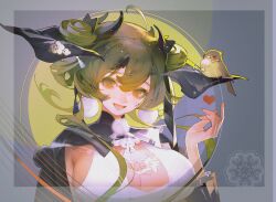 Rule 34 | :d, ahoge, animal, animal on head, arknights, bird, bird on head, black capelet, blush, breasts, capelet, chinese commentary, cleavage, cleavage cutout, clothing cutout, commentary request, duckku, earrings, estelle (arknights), fingernails, flower, green eyes, green hair, hand up, heart, horn flower, horns, jewelry, large breasts, long hair, looking at viewer, on head, open mouth, shirt, sleeveless, sleeveless shirt, smile, tongue, white flower, white shirt