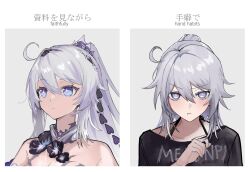 Rule 34 | + +, 1girl, :t, ahoge, bare shoulders, black flower, black shirt, blue eyes, closed mouth, collarbone, commentary, english text, flower, grey background, grey hair, hair between eyes, hand up, honkai (series), honkai impact 3rd, kiana kaslana, kiana kaslana (herrscher of finality), long hair, multiple views, pout, shirt, translation request, two-tone background, upper body, utekikuore, white background