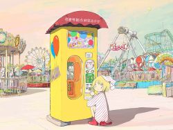 Rule 34 | 1girl, amusement park, balloon, bench, blonde hair, boots, carousel, ferris wheel, from behind, knee up, natsujikeinfo, original, red footwear, shadow, short hair, sitting, solo, wide shot