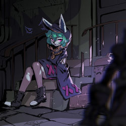 Rule 34 | 1girl, animal ears, boots, chain, green hair, highres, hood, jewelry, kate wong, league of legends, living shadow, lock, long sleeves, necklace, purple eyes, sitting, stairs, trash can, vex (league of legends), yordle