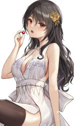 Rule 34 | 1girl, :o, bad id, bad twitter id, bare arms, bare shoulders, black thighhighs, blush, breasts, cleavage, dress, hair ornament, highres, large breasts, long hair, looking at viewer, lunacle, open mouth, original, red eyes, simple background, solo, thighhighs, white background, white dress